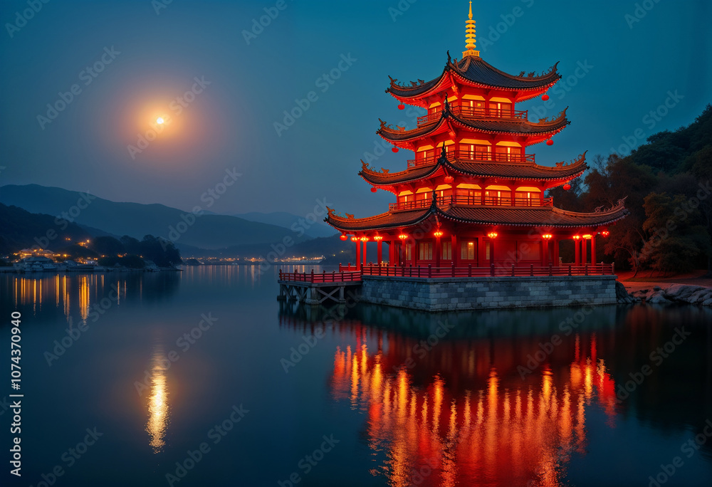 Obraz premium Ancient Japanese Pagoda Illuminated by Moonlight Against Dark Night Sky in Traditional Garden