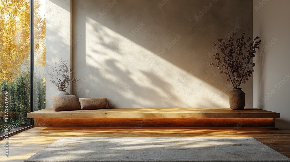 Minimalist Japanese-style room with a wooden platform, rug, and two vases. Minimalist Japanese-style room with a wooden platform, rug, and two vases.
