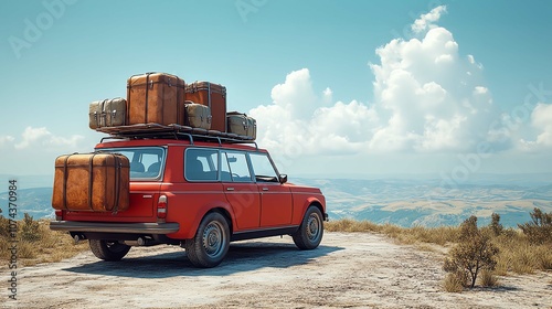 Red car with luggage on top, parked on a scenic road, blue sky and clouds. photo