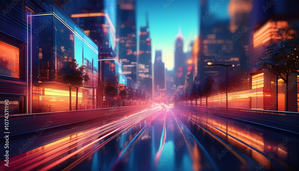 Fototapeta premium A vibrant cityscape at dusk, featuring colorful lights reflecting on wet streets, creating a futuristic and dynamic atmosphere.
