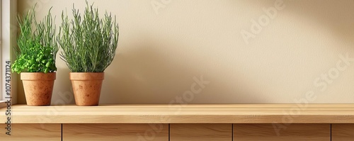 Open-plan kitchen with minimalist cabinets, bright space, light wood countertops, potted herbs on the windowsill, high ceilings, warm and airy ambiance