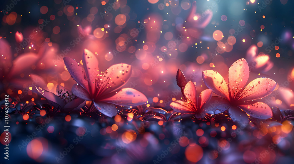 Glowing Pink Flowers with Bokeh Lights - Abstract Background Illustration Glowing Pink Flowers with Bokeh Lights - Abstract Background Illustration