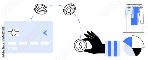 Hand tossing coins toward credit card, symbolizing electronic transactions. Clothing rack and pie chart suggest retail and financial analytics. Ideal for finance, shopping, digital payments, retail