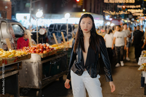 Fashionable Encounter at a Bustling Night Market Filled with Energetic People