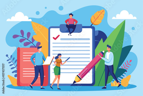 Team members collaborate on a long-term work contract, with colorful elements enhancing the dynamic atmosphere, Long-term work contract is popular, flat illustration.