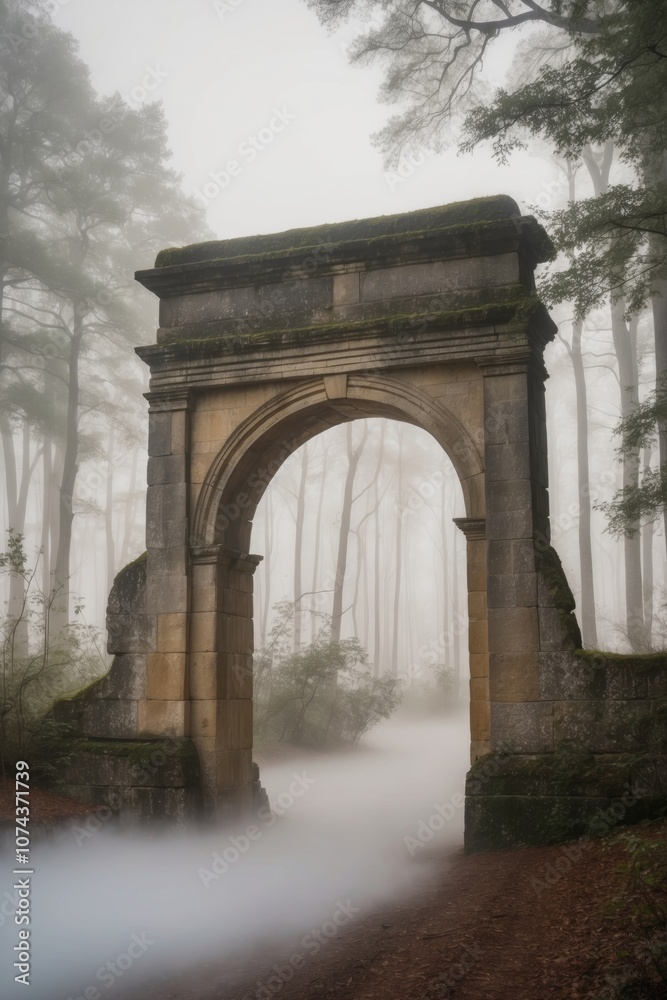 Stone Archway Leading Through a Foggy Forest. Stone Archway Leading Through a Foggy Forest.
