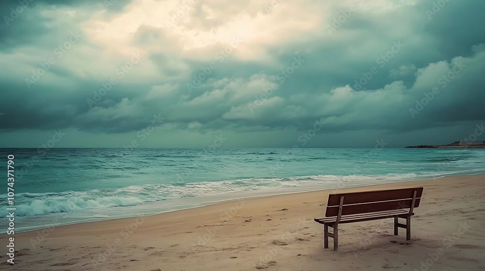 A wooden bench positioned on a quiet, sandy beach under a cloudy sky, with gentle ocean waves rolling in the background, capturing a tranquil, contemplative moment A wooden bench positioned on a quiet, sandy beach under a cloudy sky, with gentle ocean waves rolling in the background, capturing a tranquil, contemplative moment