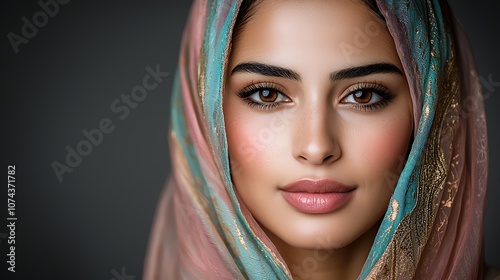 The portrait captures a stunning Arabic woman with piercing brown eyes and defined features, her face framed by a vibrant veil in shades of pink, turquoise, and gold