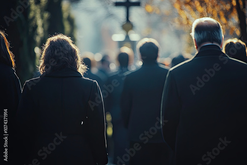 Funeral procession with people dressed in black in a peaceful cemetery photo