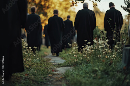 Funeral procession with people dressed in black in a peaceful cemetery photo