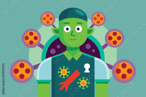 A customizable illustration depicting a character with lymphoma surrounded by cell representations, Lymphoma illustration that can be customized