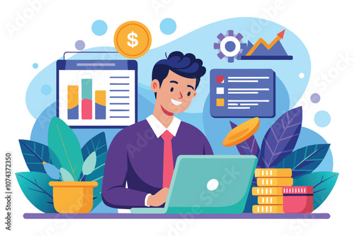 A male analyst analyzes financial data while working on a laptop in a contemporary office environment, Male analyst studies financial budget for modern flat concept web banner design.