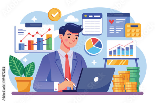 A male analyst examines financial data using a laptop in a contemporary workspace filled with charts, Male analyst studies financial budget for modern flat concept web banner design.