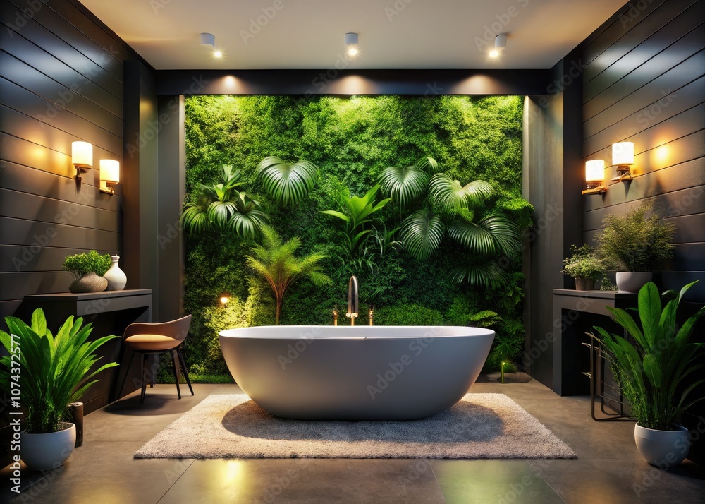Modern Bathroom Design with Freestanding Bathtub and Lush Greenery Modern Bathroom Design with Freestanding Bathtub and Lush Greenery