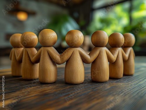 Illustration Wooden statue of people holding hands on a table. Business concept for leaders or managers. Teamwork, 3D