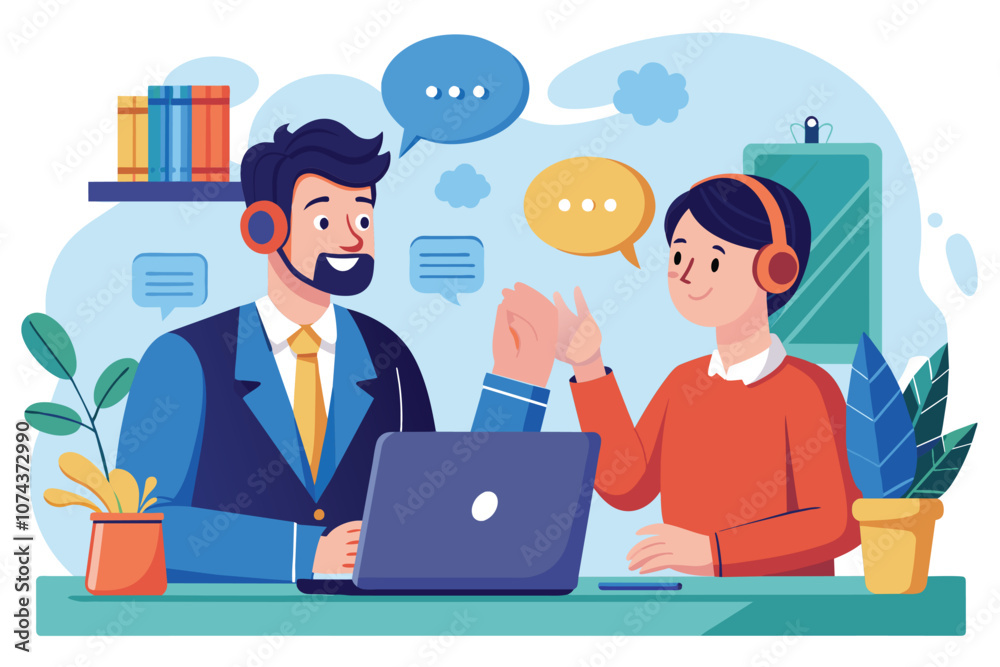 A male customer service representative engages with a client during a video call in a modern office setting, Male customer service representative communicating with consultant in a flat illustration. A male customer service representative engages with a client during a video call in a modern office setting, Male customer service representative communicating with consultant in a flat illustration.