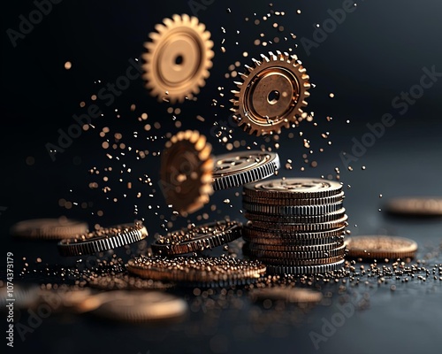 Coins and gears in motion, creating a dynamic financial concept. photo