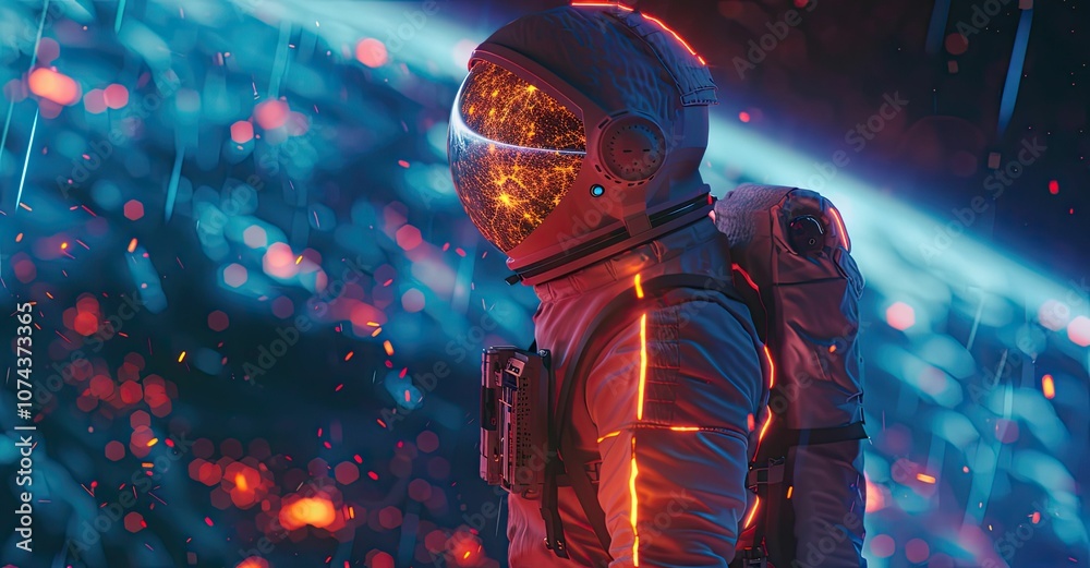 Astronaut in neon-lit space suit. Astronaut in neon-lit space suit.