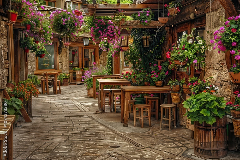 Naklejka premium Flowers, wooden tables and chairs, cobblestone street.