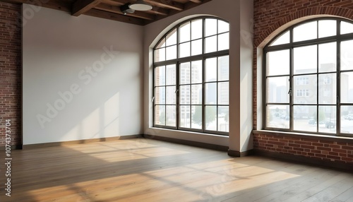 An empty room with a large window  wooden floor  and brick walls.