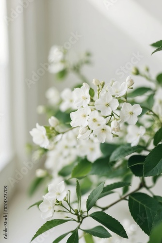 White Jasmine Flowers and Green Leaves Frame. photo