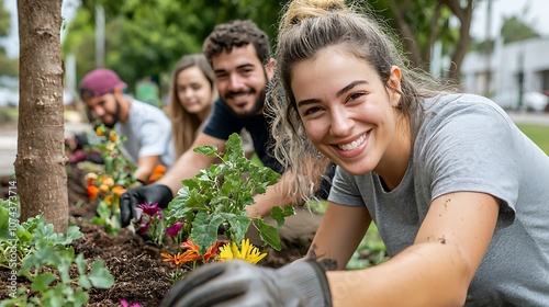 A group of dedicated volunteers gathering together in a community garden, diligently planting a variety of native trees, colorful fruits and vegetables