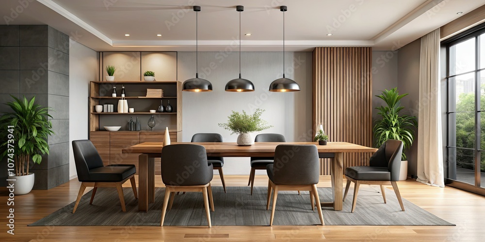 Fototapeta premium Modern Dining Room Design with Sleek Black Chairs and Wooden Table for Contemporary Interiors