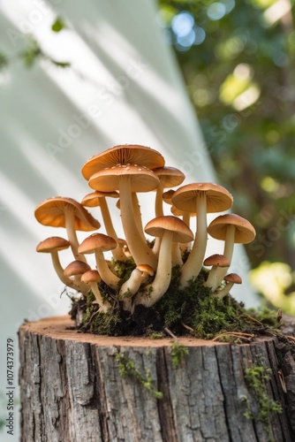 Wild mushrooms growing on tree stump in nature. photo