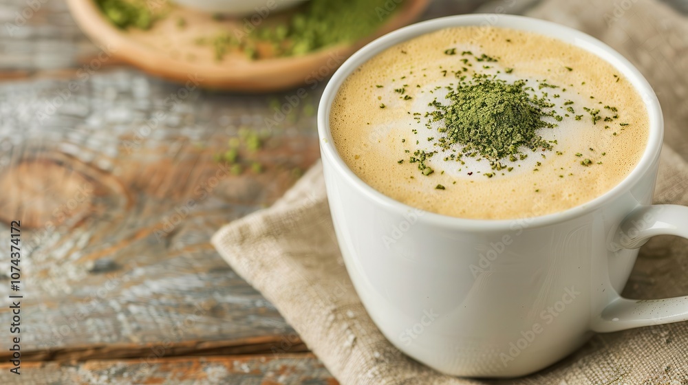 Organic matcha dessert. A cozy cup of matcha latte topped with green tea powder sits on a rustic wooden table, exuding warmth and relaxation. Organic matcha dessert. A cozy cup of matcha latte topped with green tea powder sits on a rustic wooden table, exuding warmth and relaxation.