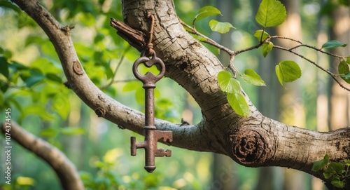 An ancient key hangs on a tree trunk in the forest. photo