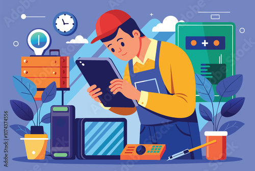 A man inspects a tablet closely, surrounded by various electronic devices and tools in a vibrant workshop, Man checking device for repairs, flat illustration.