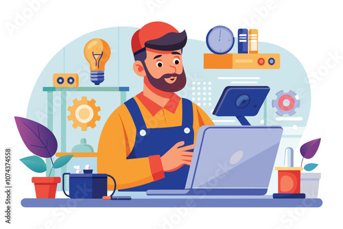 A technician examines a device on a laptop while surrounded by tools in a workshop setting, Man checking device for repairs, flat illustration.