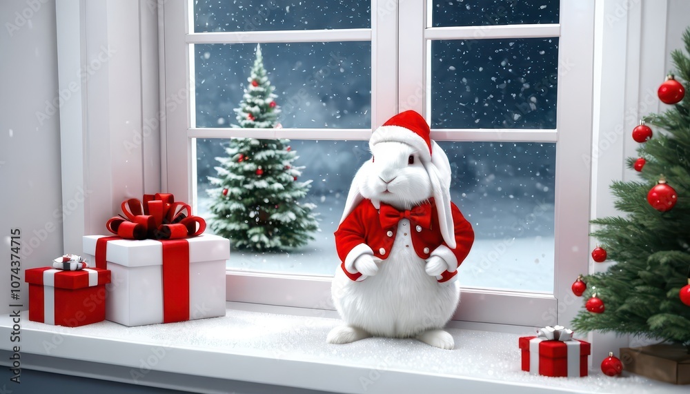 Fototapeta premium 3D illustration wallpaper of a white rabbit sitting on the window wearing a Christmas hat.