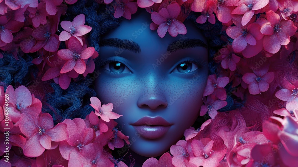 Stunning cropped view of a beautiful blue hued woman surrounded by vibrant curly pink flowers artistic portraiture Stunning cropped view of a beautiful blue hued woman surrounded by vibrant curly pink flowers artistic portraiture