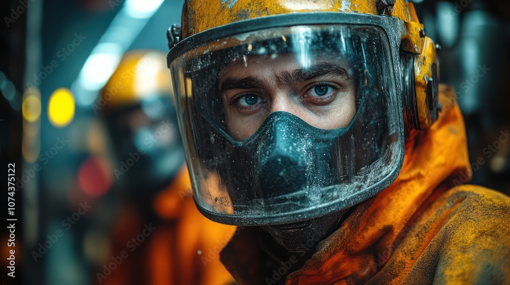 A man in a yellow hazmat suit with a respirator looks intensely at the camera. A man in a yellow hazmat suit with a respirator looks intensely at the camera.