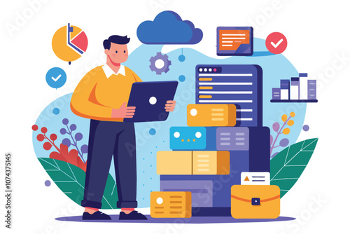 A man is focusing on saving file data while surrounded by charts and digital tools in a creative workspace, Man considering saving file data, illustrated in a flat style.