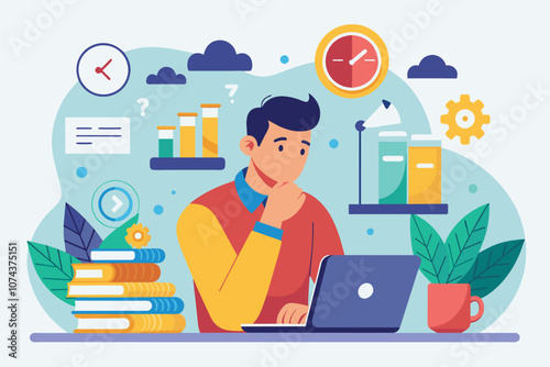 A man sits at his desk, pondering a task with books, clocks, and test tubes around him, Man contemplating task, flat illustration