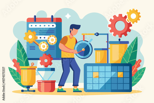 A man conducts routine monthly maintenance on a machine, ensuring proper function and efficiency, Man doing monthly maintenance on machine, flat illustration.