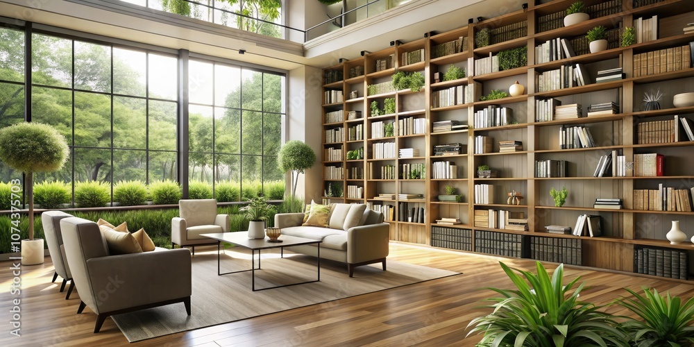 Modern Library Interior with Minimalist Design and Natural Light for Elegant Product Photography