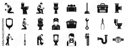 Plumber worker repair toilet icons set. Plumbers working, using different tools to repair and maintain bathroom fixtures and pipes