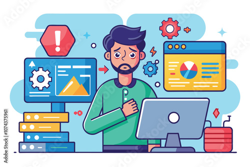 A man appears anxious while addressing a system error on his computer in a bright workspace, Man has a system error, shown in a flat illustration.