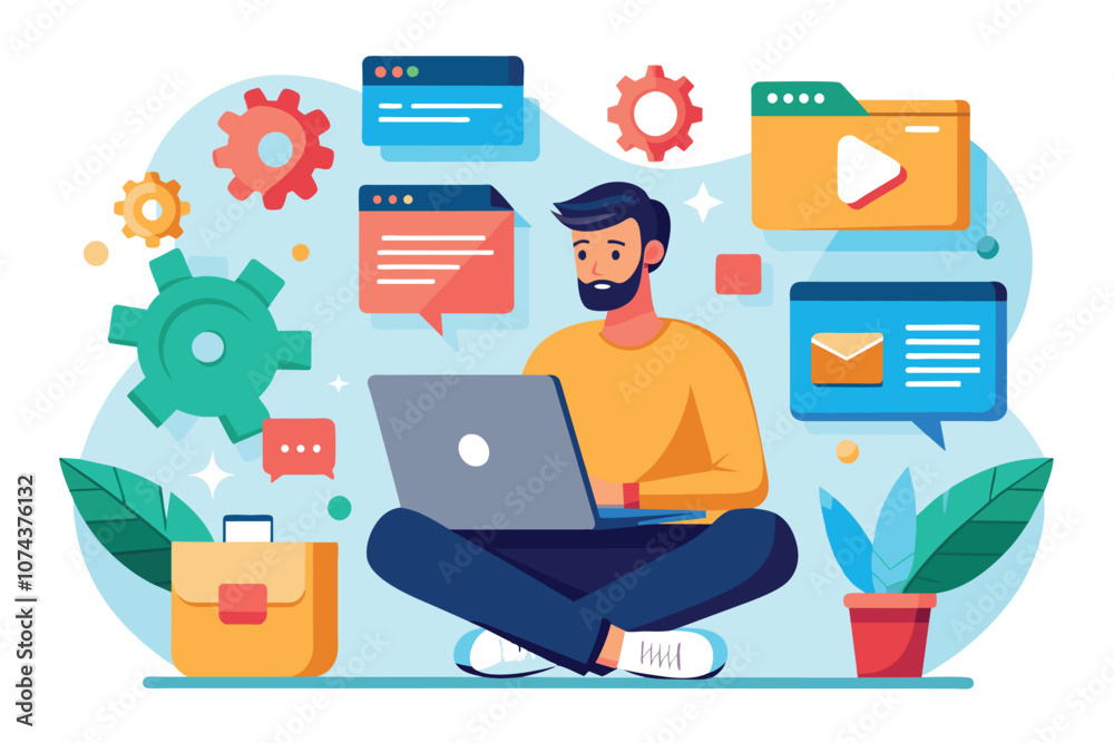 A man sits cross-legged with a laptop, installing apps amidst vibrant graphics and interactive elements, Man installing apps on laptop, flat illustration. A man sits cross-legged with a laptop, installing apps amidst vibrant graphics and interactive elements, Man installing apps on laptop, flat illustration.