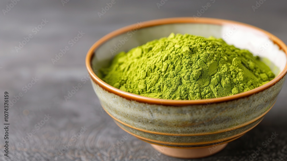 Organic matcha dessert. Vibrant green matcha powder in a decorative bowl, showcasing its rich color and fine texture against a simple background. Organic matcha dessert. Vibrant green matcha powder in a decorative bowl, showcasing its rich color and fine texture against a simple background.