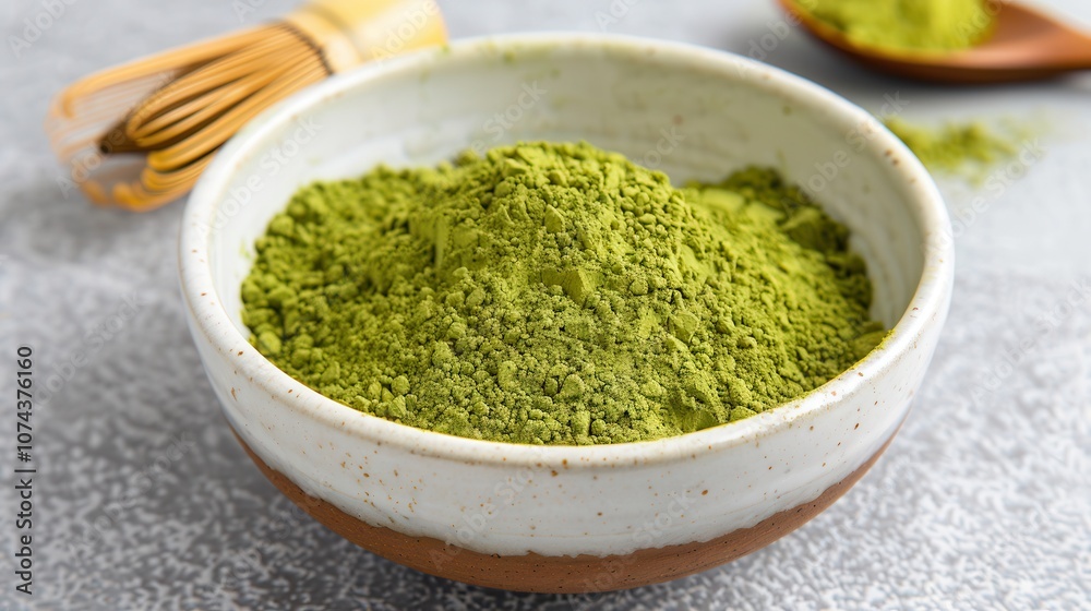 Organic matcha dessert. A vibrant bowl filled with finely ground green powder, surrounded by traditional utensils, suggesting a connection to tea preparation or culinary uses. Organic matcha dessert. A vibrant bowl filled with finely ground green powder, surrounded by traditional utensils, suggesting a connection to tea preparation or culinary uses.