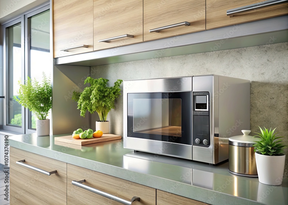Modern Microwave in Minimalist Kitchen: High-Tech Appliance with Digital Display and Stainless Steel Finish