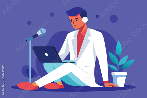 A man dressed in a white suit is focused on his laptop while a microphone is positioned nearby, Man in white suit sitting with laptop and microphone, flat illustration.