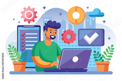 A man focuses on his laptop as he installs a software update in a vibrant, tech-inspired workspace, Man installing software update on laptop, flat illustration.
