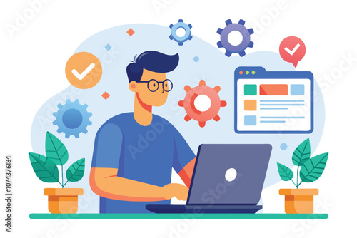 A man is focused on installing a software update on his laptop while sitting at a desk filled with plants, Man installing software update on laptop, flat illustration.