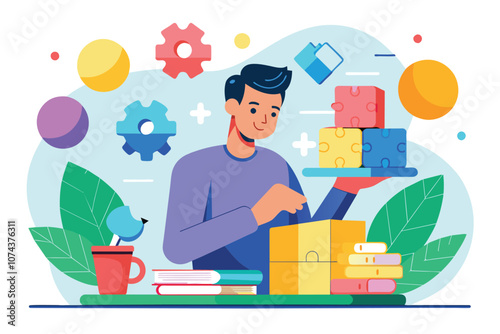 A man is focused on assembling a puzzle, surrounded by books and colorful pieces in a vibrant setting, Man learning puzzle, flat illustration.