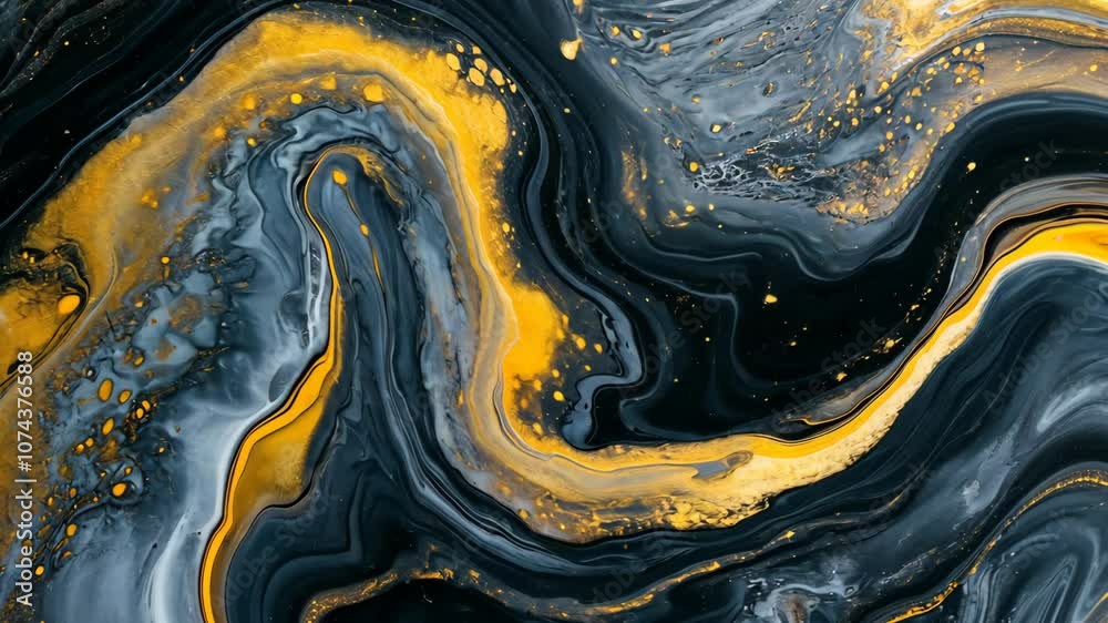 Abstract swirls of black, gold, and grey paint create a unique and dynamic pattern